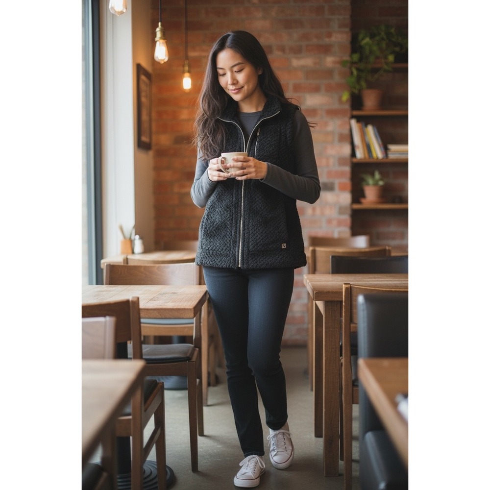 Calvin Klein Womens Black Faux Fur Full Zip Vest Quilted Texture Gold Hardware M